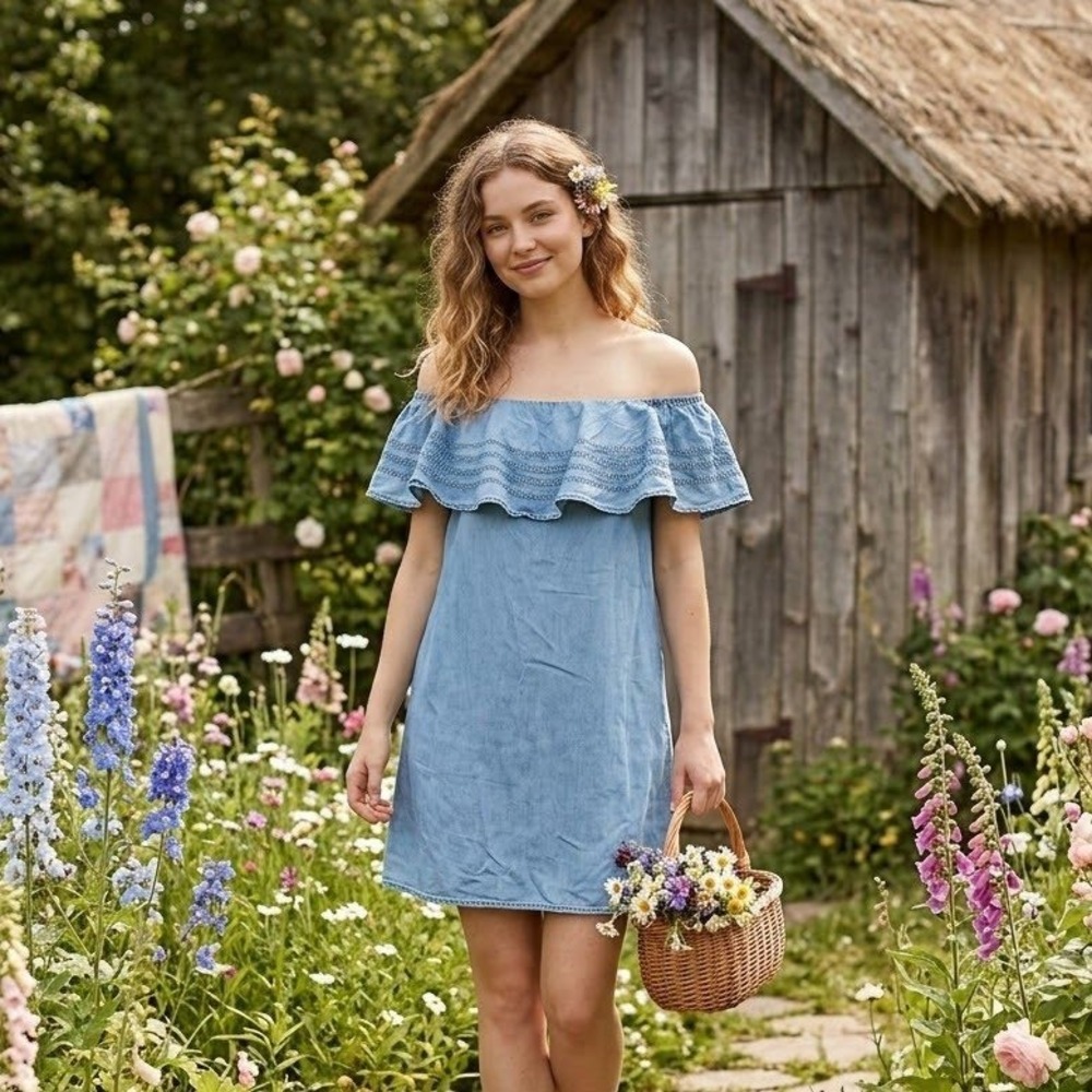 Reserved Off Shoulder Denim Dress Womens 8 Blue Ruffle Mini Prairie Western Chic